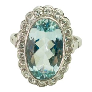 Large Vintage Oval Aquamarine and Diamond Ring