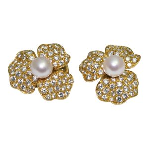 Pearl Diamond 18ct Gold Flower Ear Clips