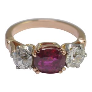 Certified Burmese Ruby Diamond Gold 3 Stone Ring