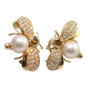 Diamond Gold Pearl Bee Earrings