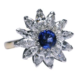 Marquise Diamond Sapphire Gold Flower Ring