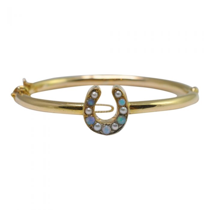 Victorian Opal, Pearl and 18ct Gold Horseshoe Bangle Plaza Jewellery