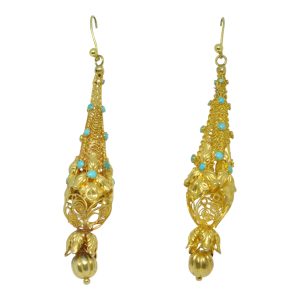 Victorian 18ct Gold Cannetille Turquoise Earrings