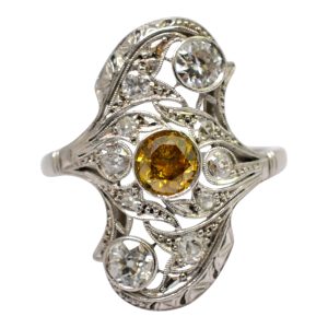 1920s Certified Fancy Yellow Diamond Platinum Ring