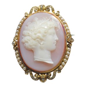 French 19th Century Agate Diamond 18ct Gold Cameo Brooch