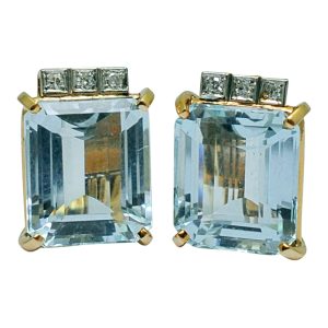 Mid Century Aquamarine Diamond 18ct Gold Earrings