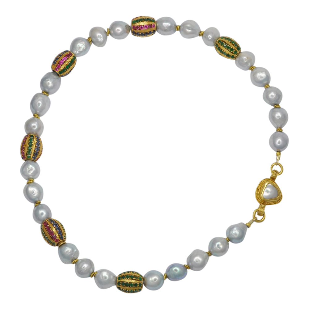 Cultured Pearl and Multi Gem Gold Necklace 2 Cultured Pearl and Multi Gem Gold Necklace - Image 2