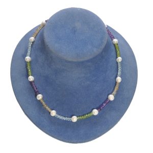Multi Gemstone Freshwater Pearl Silver Necklace