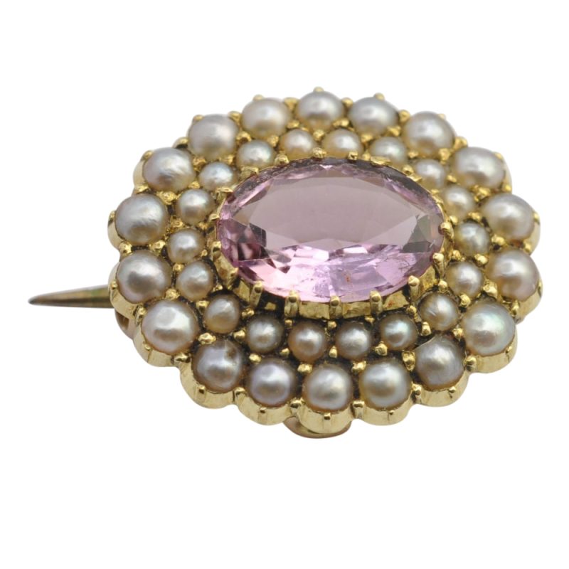 Victorian Pink Topaz and Pearl 15ct Gold Brooch