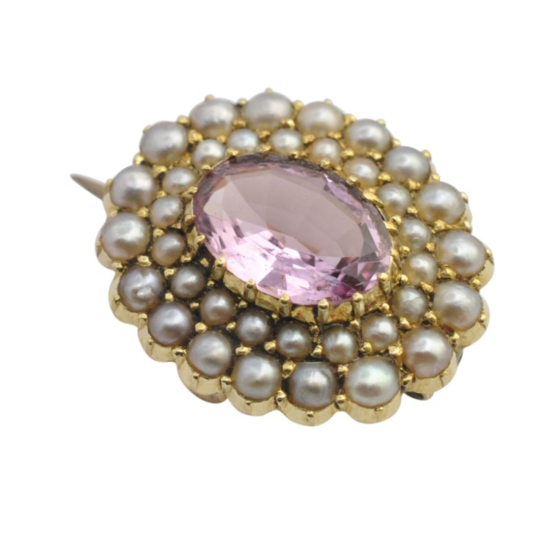 Victorian Pink Topaz and Pearl 15ct Gold Brooch - Image 2