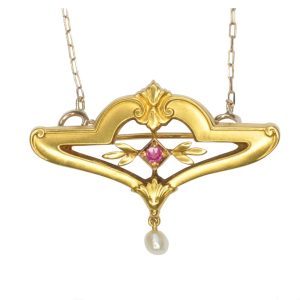 French Art Nouveau Gold Ruby Pearl Pendant Brooch