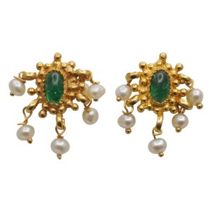 Cabochon Emerald and Pearl Gold Earrings