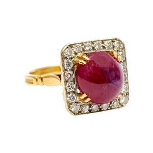 French Vintage Cabochon Ruby and Diamond Ring