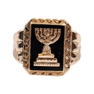 Retro Gold and Onyx Menorah Signet Ring