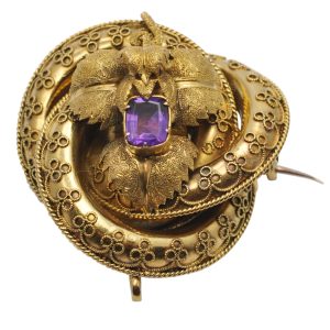 Victorian 15ct Gold Amethyst Lovers Knot Brooch