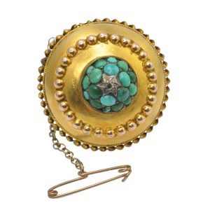Victorian Turquoise 15ct Gold Etruscan Revival Brooch