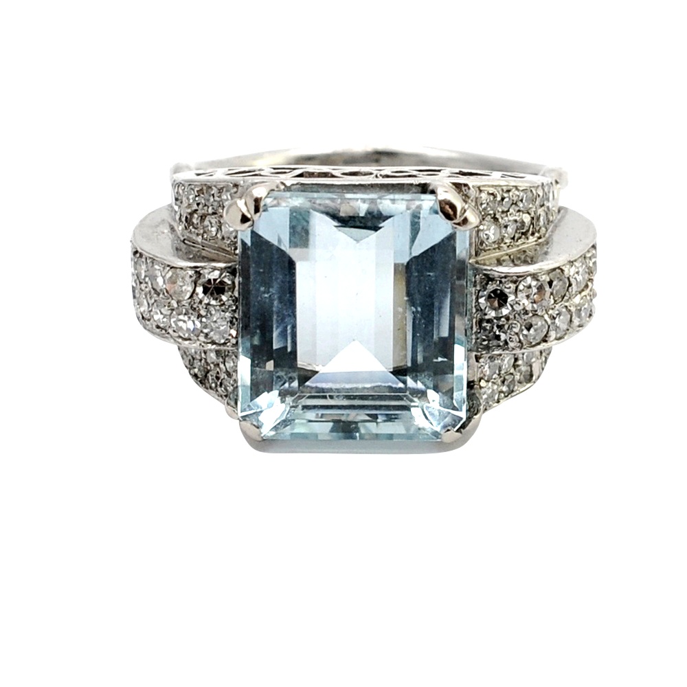 Art Deco Aquamarine Diamond Platinum Ring 1 Art Deco Aquamarine Diamond Platinum Ring