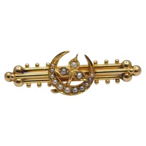 Victorian 15ct Gold Pearl Crescent Brooch