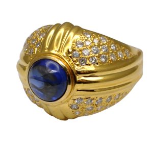 Cabochon Sapphire Diamond 14ct Gold Bombé Ring