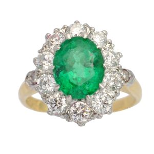Emerald Diamond Platinum Gold Cluster Ring
