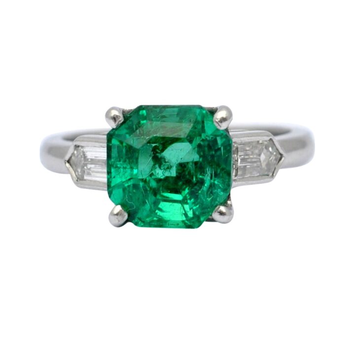 Art Deco Columbian Emerald Diamond Platinum Ring