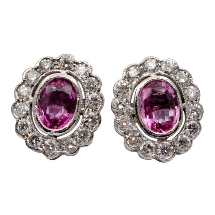 Pink Sapphire Diamond Gold Halo Earrings