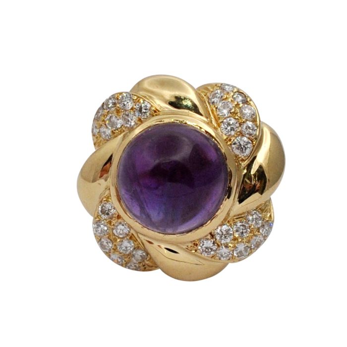 Vintage Amethyst Cabochon Diamond Gold Cocktail Ring