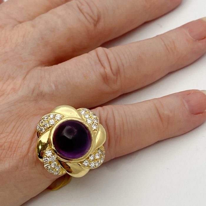 Vintage Amethyst Cabochon Diamond Gold Cocktail Ring