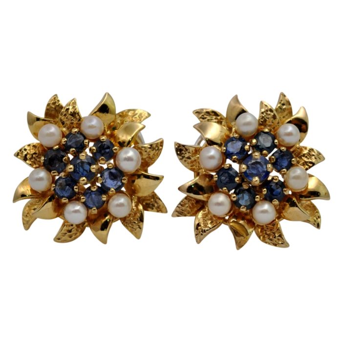 Alan Gard Sapphire Pearl Gold Floral Earrings