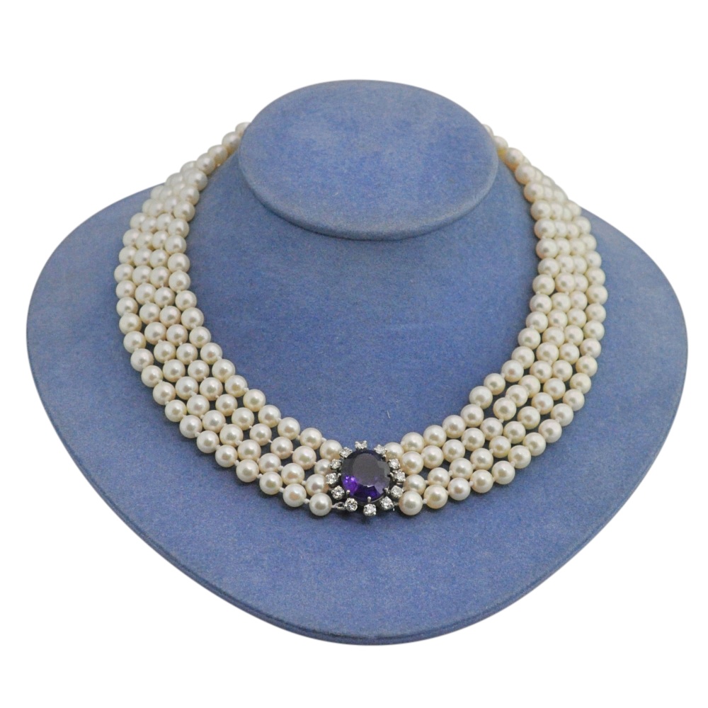 Vintage 4 Row Pearl Amethyst Diamond Necklace