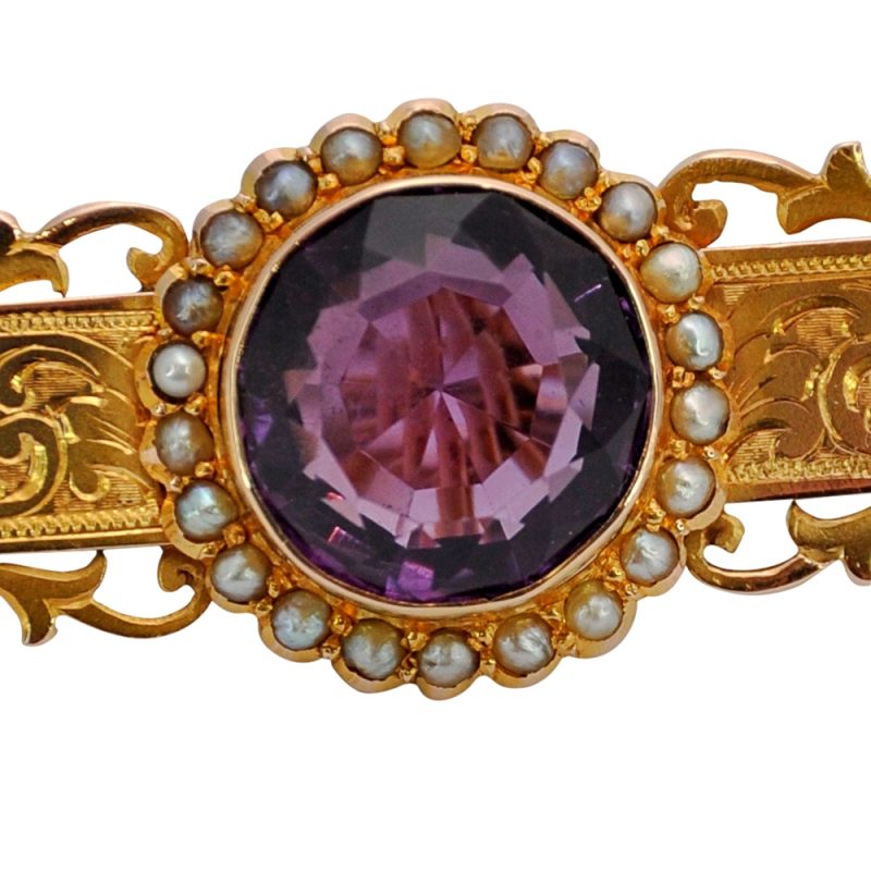 Antique Victorian Amethyst Pearl Gold Brooch