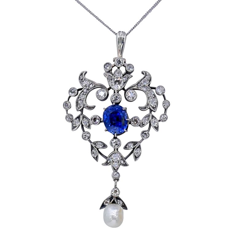 Victorian Sapphire Diamond Pearl Pendant