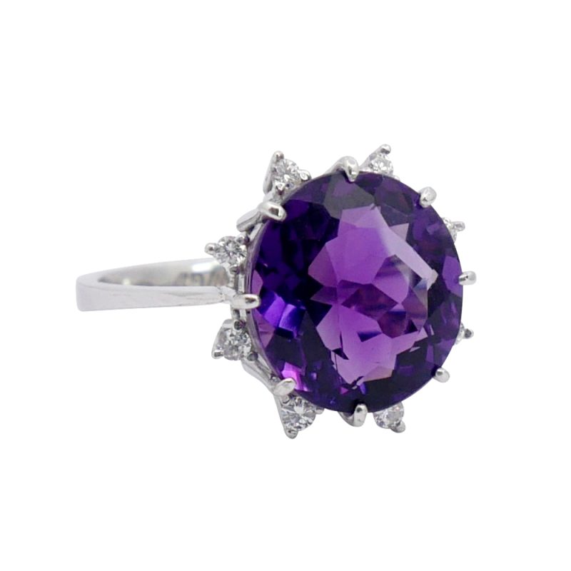 Amethyst and Diamond Gold Halo Ring