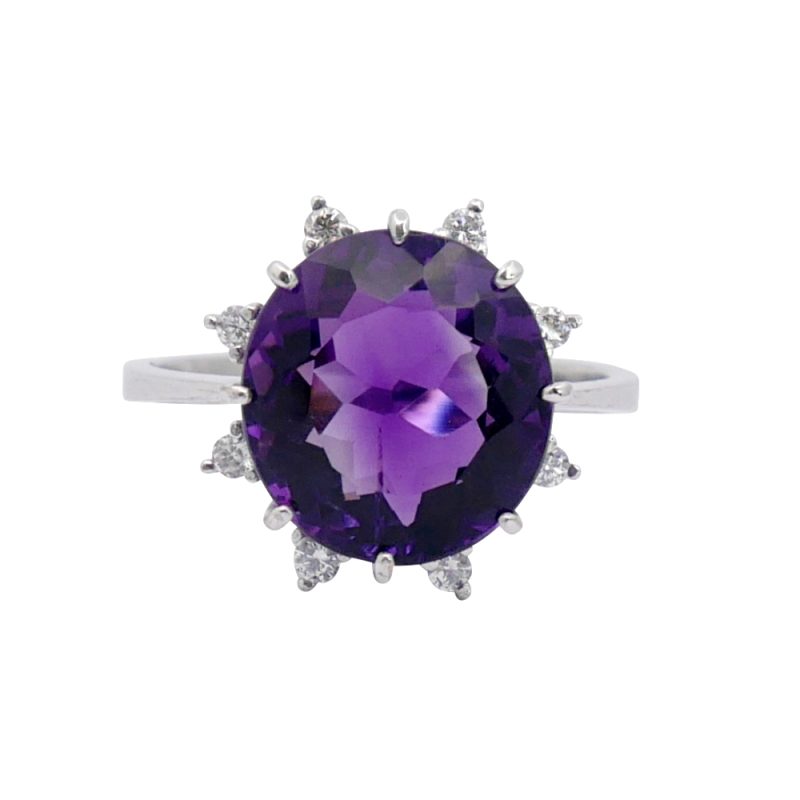 Amethyst and Diamond Gold Halo Ring