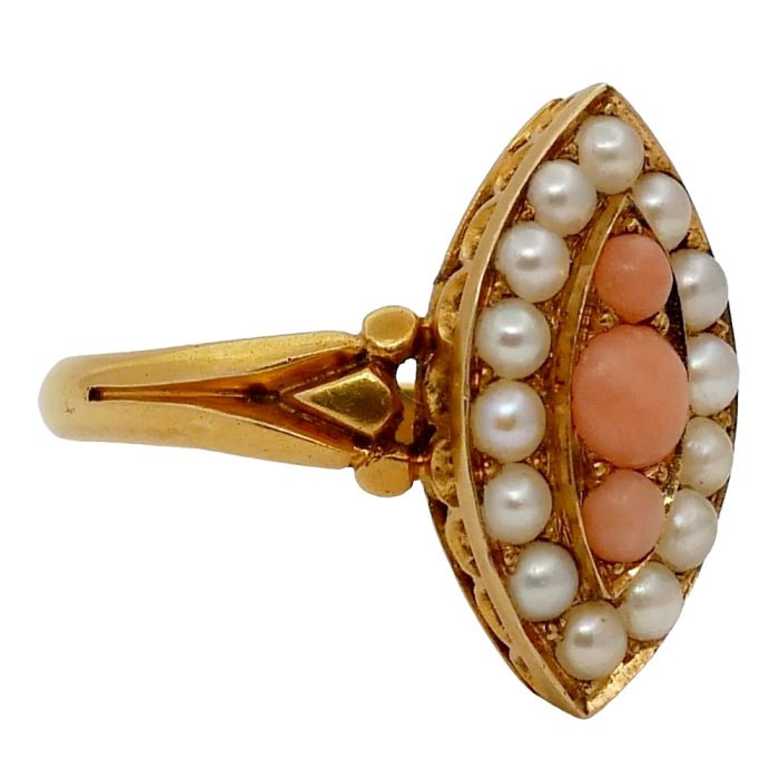 Victorian Coral Pearl Gold Ring