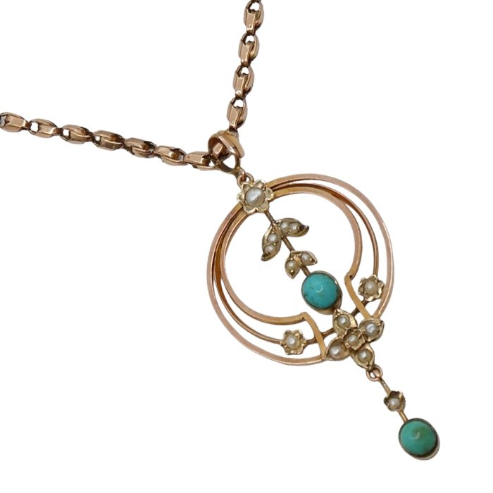 Edwardian Turquoise Pearl Gold Pendant