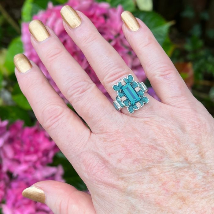 Vintage Aquamarine Enamel Gold Ring