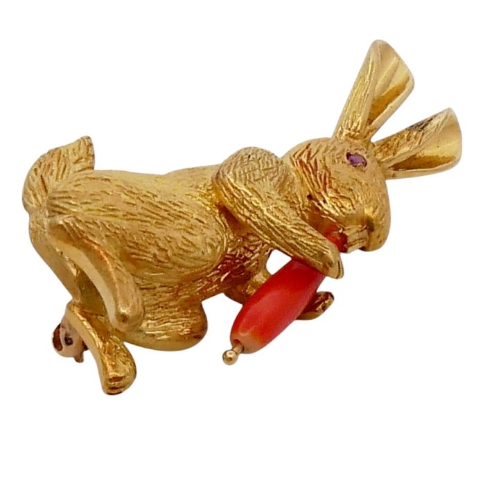 Vintage Tiffany Gold Coral Rabbit Brooch