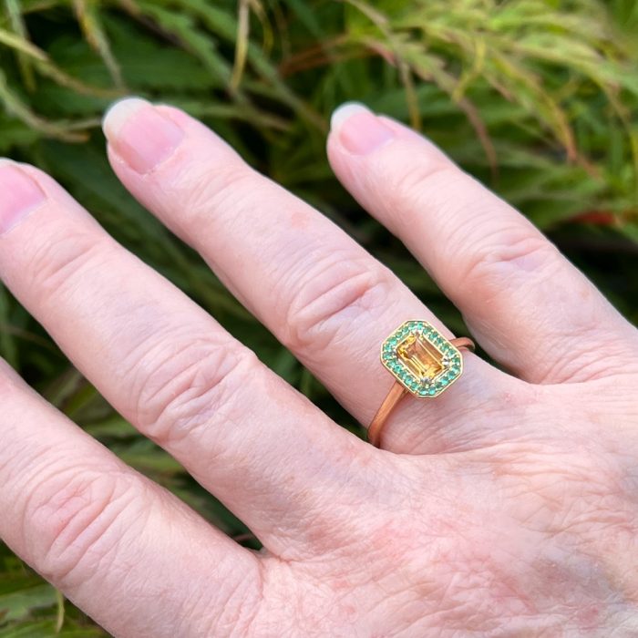 Citrine Emerald Gold Halo Ring