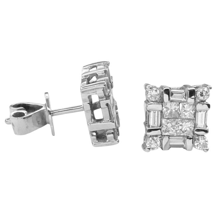 Square Diamond Cluster Gold Earrings