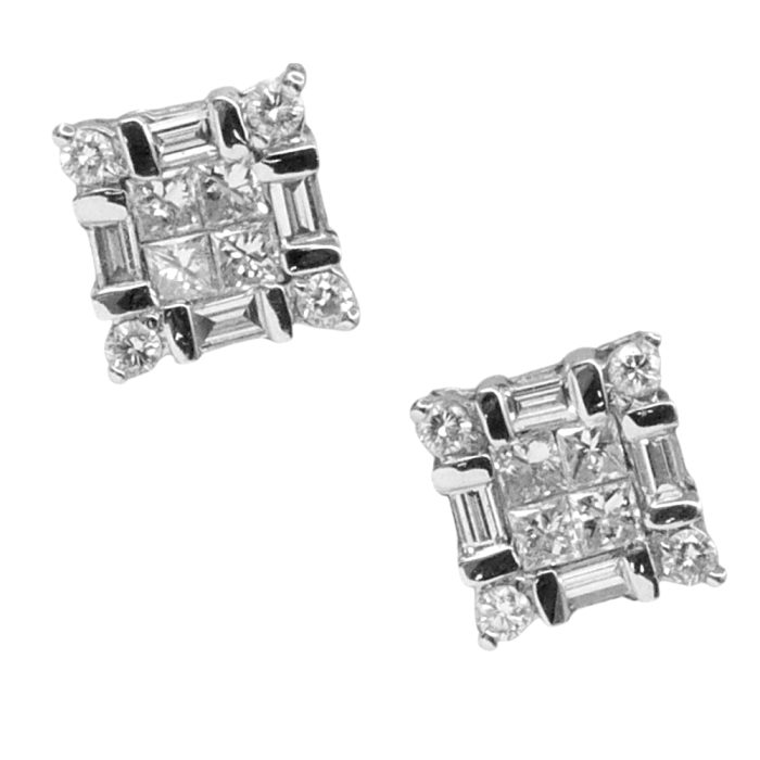 Square Diamond Cluster Gold Earrings