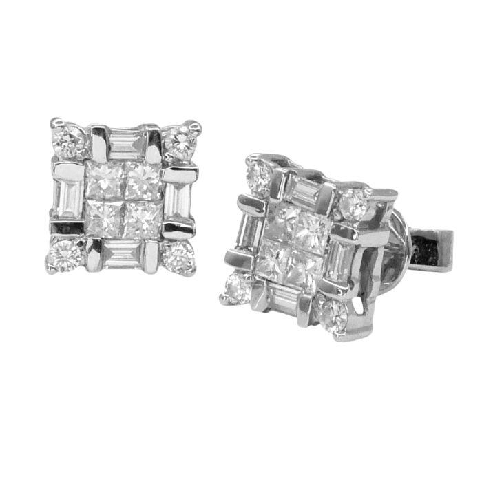 Square Diamond Cluster Gold Earrings