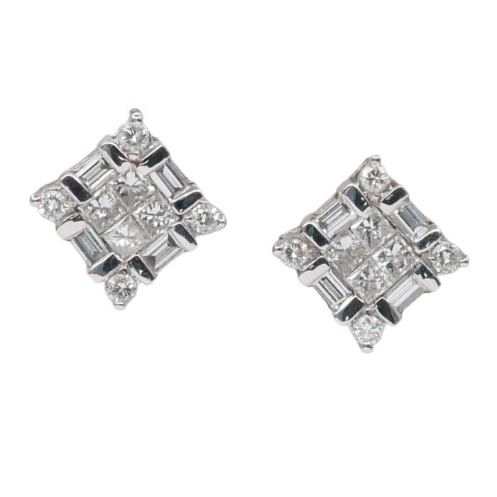 Square Diamond Cluster Gold Earrings