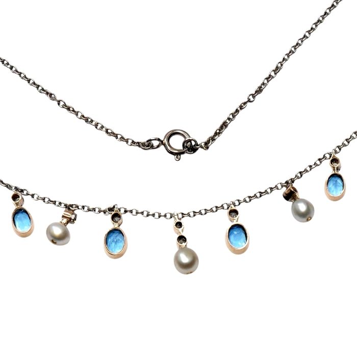 Edwardian Aquamarine Diamond Pearl Necklace