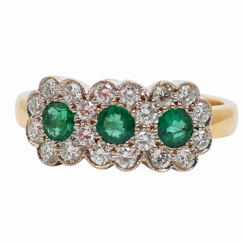 Emerald Diamond Triple Cluster Ring 8 Emerald Diamond Triple Cluster Ring