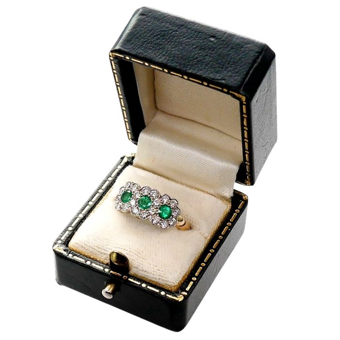 Emerald Diamond Triple Cluster Ring