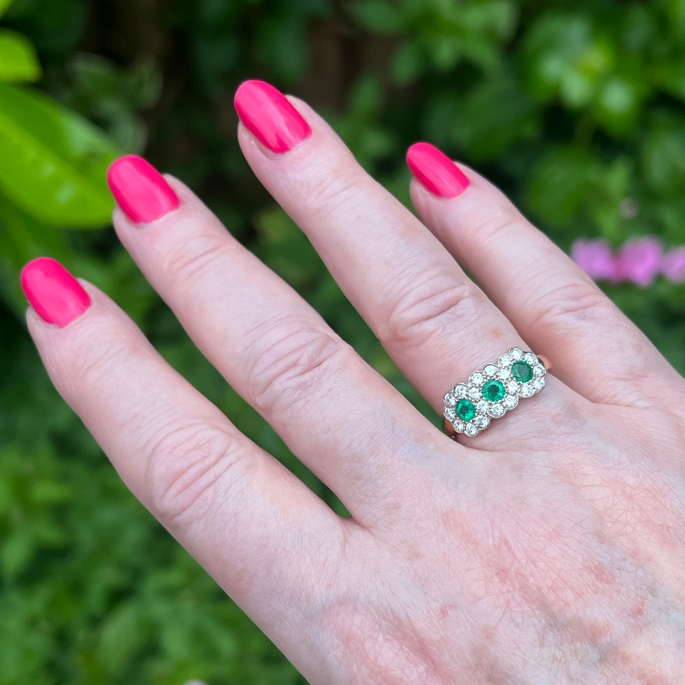 Emerald Diamond Triple Cluster Ring 10 Emerald Diamond Triple Cluster Ring