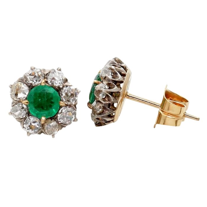 Antique Emerald Diamond Gold Earrings