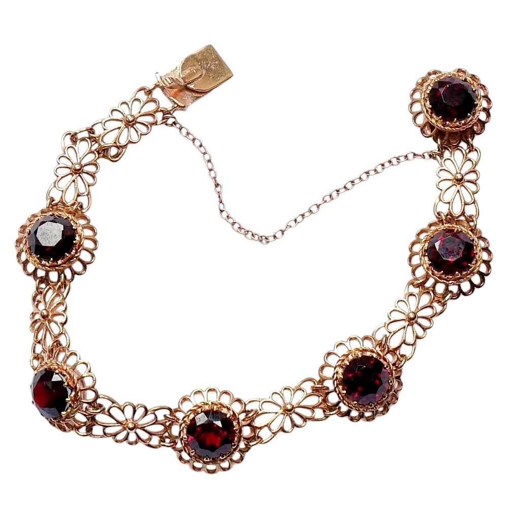 Vintage Mid Century Garnet Gold Bracelet 2 Vintage Mid Century Garnet Gold Bracelet