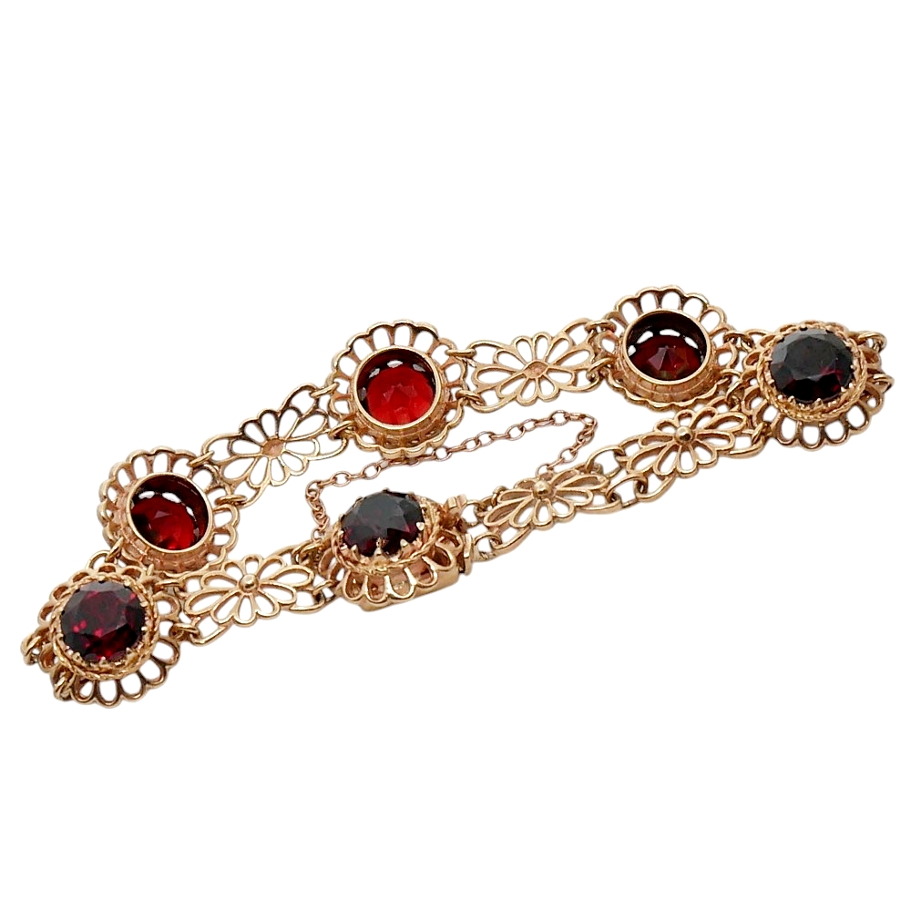 Vintage Mid Century Garnet Gold Bracelet 4 Vintage Mid Century Garnet Gold Bracelet